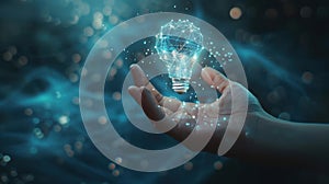 The Hand Holding Holographic Lightbulb.AI generated image