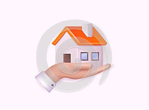 Hand holding home. Minimal Home icon and logo. Property insurance template. 3D Web Vector Illustrations