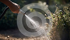 A hand holding a hose nozzle and watering the garden outside. Splashing and spraying water from the hose