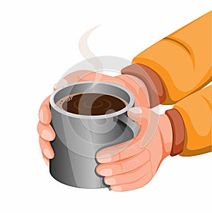 Hand holding hot chocolate or coffee in stainless steel mug, hot drink for stay warm in cold weather or camping activity. concept
