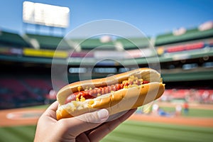 hand holding a hot dog at a ballpark