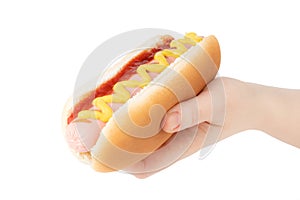 Hand holding hot dog with mustard isolated on white background. ÃÂ¡lipping path photo