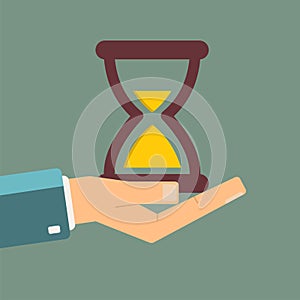 Hand holding hourglass. time is money concept. illustrati