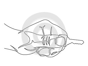 Hand Holding a House Key One Single Line Vector Graphic Illustration