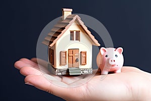 Hand holding house model and piggy bank. Mortgage plan, housing industry and residential tax saving strategy. Generative