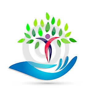 Hand holding human tree health care wellness medical logo icon on white background