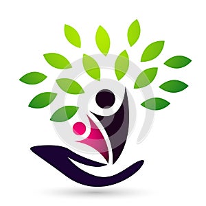 Hand holding human tree health care wellness medical logo icon on white background