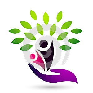 Hand holding human tree health care wellness medical logo icon on white background