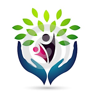 Hand holding human tree health care wellness medical logo icon on white background