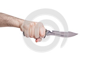 Hand holding a hunting knife in a stabbing gesture