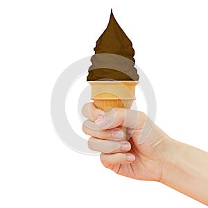 Hand holding ice cream cone isolated on white background