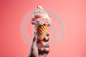 Hand holding ice cream swirl in waffle cone on pink background.