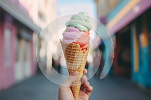 Hand holding ice cream swirl in waffle cone on the street.