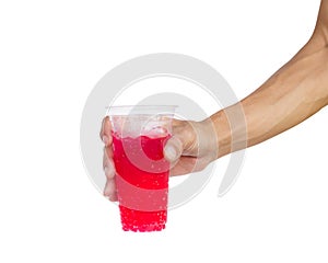 Hand holding iced red water isolated on white background clipping path