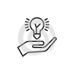 Hand holding idea bulb line icon, outline vector sign, linear style pictogram isolated on white. Idea sharing symbol, logo illustr