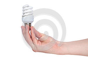 Hand holding Illuminated light bulb isolated on white background. Energy-saving lamp in hand on white background