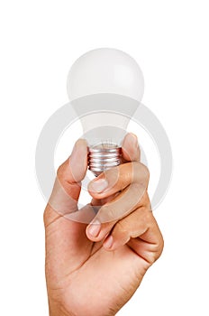 Hand holding an incandescent light bulb.