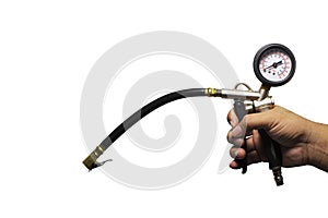 Hand holding an inflator gauge tools, Hand of mechanic man check