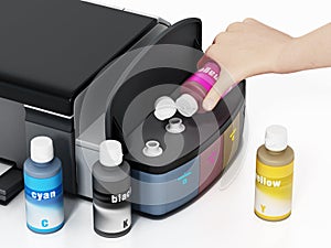 Hand holding ink bottle filling inkjet printer refillable ink tanks. 3D illustration