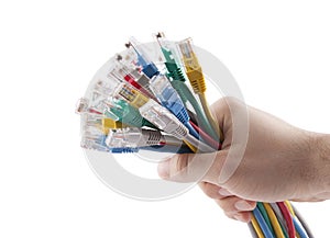 Hand holding internet cables