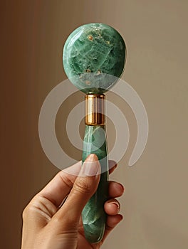 Hand holding a jade roller on facial skin