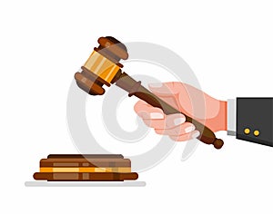 Hand holding judge gavel, wooden hammer symbol for law and justice in cartoon flat illustration vector isolated in white backgroun