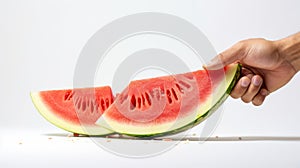 a hand holding a juicy slice of watermelon, with seeds and juice scattered on white table