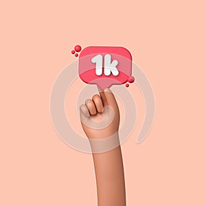 Hand holding a 1k social media followers banner label. 3D Rendering photo