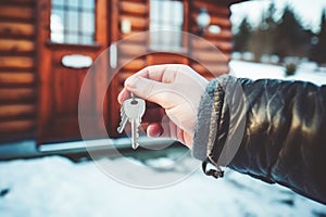 Hand holding a key on the background of the house. Real estate sale concept