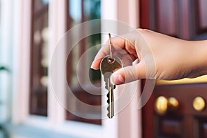 Hand holding a key on the background of the house. Real estate sale concept