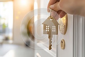 Hand holding key with house keyring at doorway