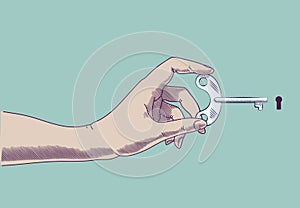 Hand holding key at keyhole. Concept illustration in retro style