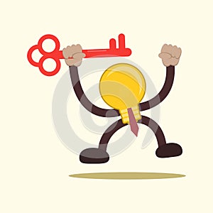 hand holding a key to success concept, Cartoon character of lamp with holding key, solution, business, office, work, goal.