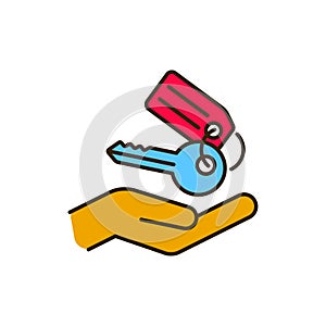 Hand holding keys color line icon. Rental service. Pictogram for web, mobile app, promo. UI UX design element. Editable