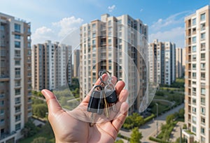 A hand holding keys in front of a building