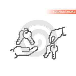 Hand holding keys on keychain line vector icon