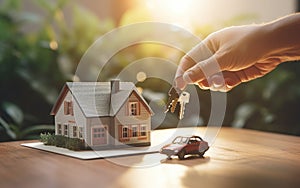 Hand holding keys next to a house and a car models representing home and real estate ownership, loan, mortgages and debt