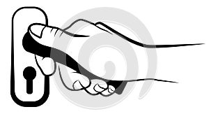 A hand holding a knob to open a door and exit. A stroke line on white background vector illustration, can be used as