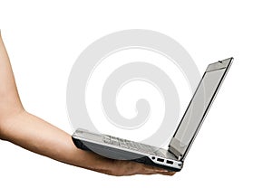 Hand holding laptop