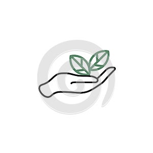 Hand holding leaves, Growth concept vector icon. eco care concept. Stock vector illustration isolated on white background