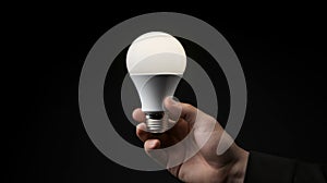 Hand holding LED light bulb lamp. Economical and environmentally friendly, energy saving light bulb on black background
