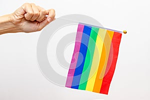 A hand holding an lgbt rainbow flag as a symbol of tolerance and protection of gay rights, white background, copy space