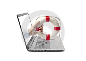 Hand holding a lifebuoy out of a laptop screen