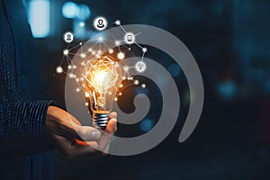 hand holding light bulb business digital marketing innovation technology icons network