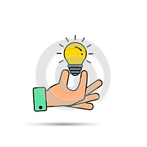 Hand holding light bulb color icon. Business idea concept. Vector