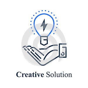 Hand holding light bulb, creative solution, innovation idea