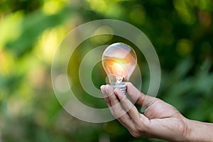 Hand holding light bulb,energy sources for renewable,natural energy concept