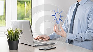 Hand holding light bulb. Smart idea icon isolated. Innovation, solution icon. Energy solutions. Power ideas concept. Electric lamp