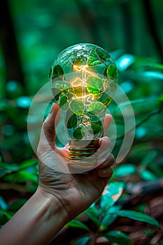 Hand holding a light bulb. Sustainable development and responsible environment, renewable energy