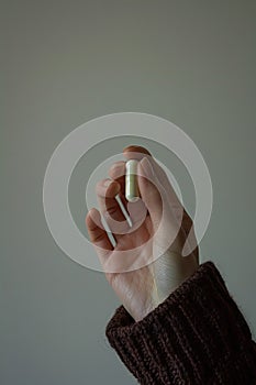 Hand holding a light green capsule against a neutral background.